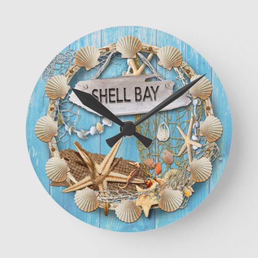 Beach Hut/Beach House Clock, Shell Bay Runde Wanduhr (Vorderseite)
