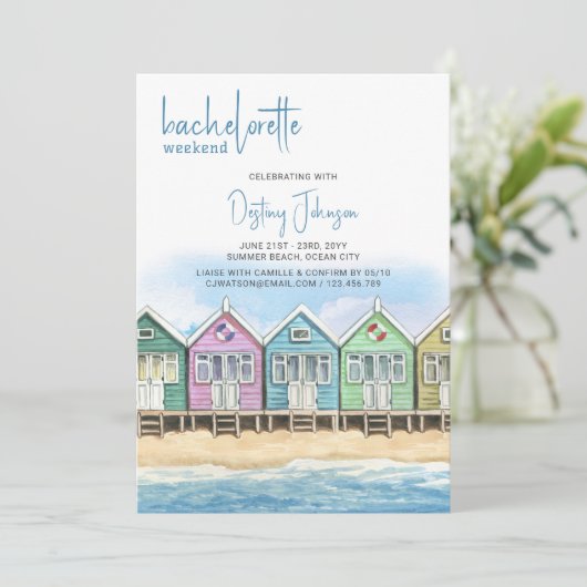 Beach Huts Bachelorette Wochenendreise Einladung (Stehend Vorderseite)