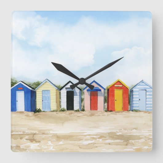 Beach Huts I Quadratische Wanduhr (Vorderseite)