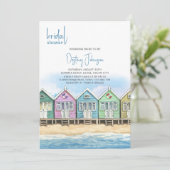 Beach Huts Watercolor Ocean Front Brautparty Einladung (Stehend Vorderseite)
