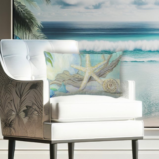 Beach Hütte White Aqua Blue Seashell n Sea Glass Lendenkissen (Von Creator hochgeladen)