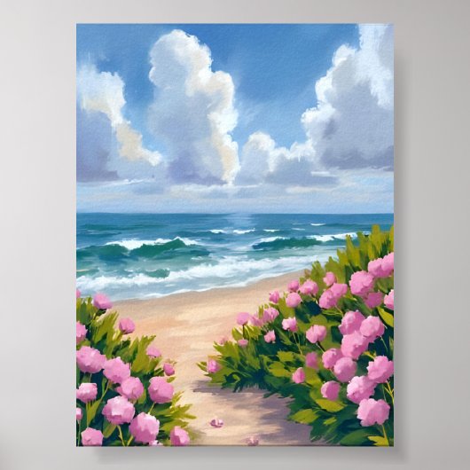 Beach in Bloom | Pink Hydrangea Oceanside Coastal Poster (Vorne)