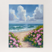 Beach in Bloom | Pink Hydrangea Oceanside Coastal Puzzle (Vertikal)