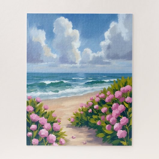 Beach in Bloom | Pink Hydrangea Oceanside Coastal Puzzle (Vertikal)