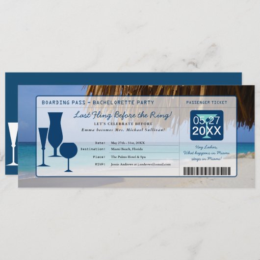 Beach Junggeselinnen-Abschied Boarding Pass Einladung (Vorne/Hinten)