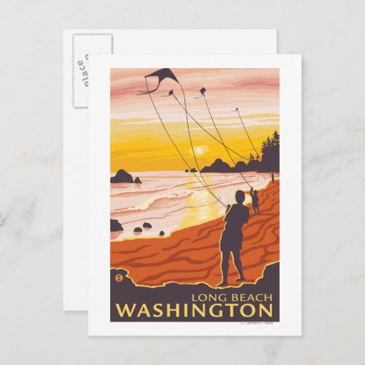 Beach & Kites - Long Beach, Washington Postkarte (Vorne/Hinten)