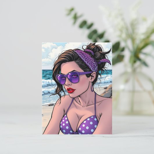 Beach Lady in Shades, Bikini und Bandana Postkarte (Stehend Vorderseite)