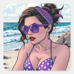 Beach Lady in Shades, Bikini und Bandana Quadratischer Aufkleber