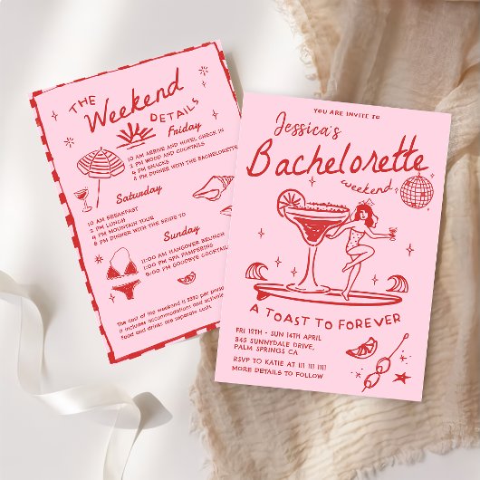 Beach letzter Toast Funky Red Bachelorette Wochene Einladung