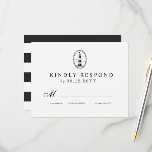 Beach-Leuchtturm| Nautical Wedding RSVP B/W (Vorderseite/Rückseite Beispiel)