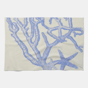Beach Life Blue Coral Starfish auf Creme Geschirrtuch