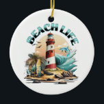 Beach Life Keramik Ornament<br><div class="desc">Weihnachtsschmuck zum Thema Strand. Illustration einer Strandszene mit Leuchtturm, Surfbrettern, Palmen und Delphin.</div>