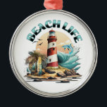 Beach Life Ornament Aus Metall<br><div class="desc">Weihnachtsschmuck zum Thema Strand. Illustration einer Strandszene mit Leuchtturm,  Surfbrettern,  Palmen und Delphin.</div>