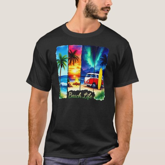 Beach Life Retro Surf Van Sunset Tropical Vibes T-Shirt (Vorderseite)