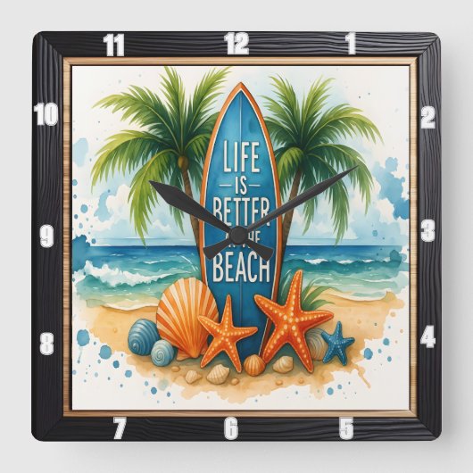 Beach Life Surfboard Palm Quadratische Wanduhr (Vorderseite)