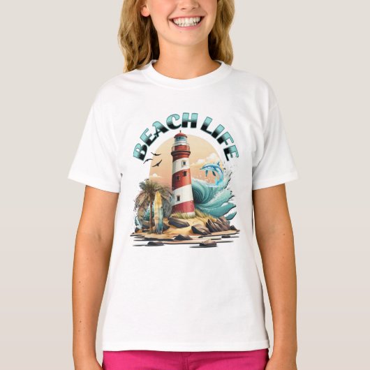 Beach Life | Tropischer Strand und Leuchtturm T-Shirt (Vorderseite)