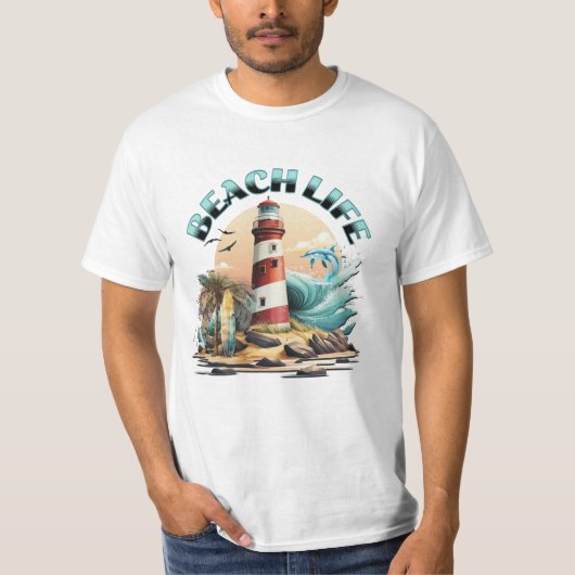 Beach Life | Tropischer Strand und Leuchtturm T-Shirt (Vorderseite)