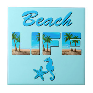 Beach Life Word Art mit Sand und Palmen Fliese