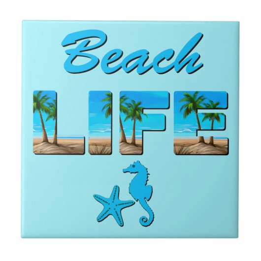 Beach Life Word Art mit Sand und Palmen Fliese (Vorderseite)