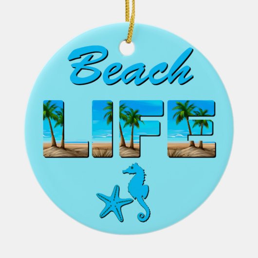 Beach Life Word Art mit Sand und Palmen Keramik Ornament (Vorne)