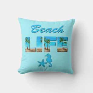 Beach Life Word Art mit Sand und Palmen Kissen