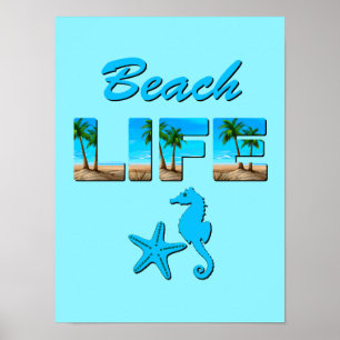 Beach Life Word Art mit Sand und Palmen Poster