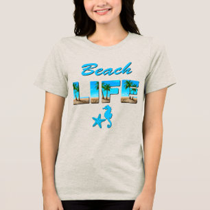 Beach Life Word Art mit Sand und Palmen Tri-Blend Shirt