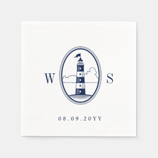 Beach Lighthouse | Navy Monogram Serviette (Vorderseite)