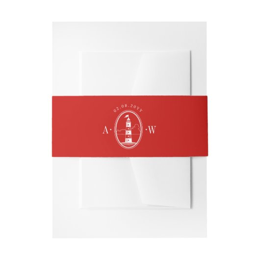 Beach Lighthouse Red Nautical Wedding Monogram Einladungsbanderole (Vorderseite Beispiel)