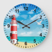 Beach Lighthouse Seagull Wall Clock Große Wanduhr (Vorderseite)