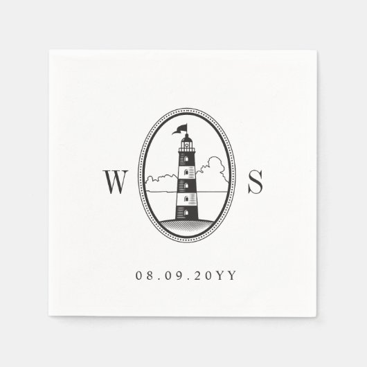 Beach Lighthouse | Weiches Schwarzes Monogramm Serviette (Vorderseite)