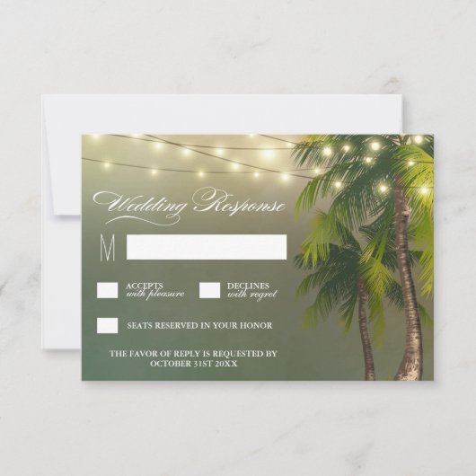 Beach Lights Palm Tree Tropical Wedding RSVP Cards Karte (Vorderseite)