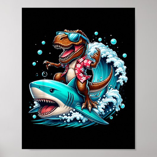 Beach Lover T-rex Dinosaur Riding Shark Surfing Oc Poster (Vorne)