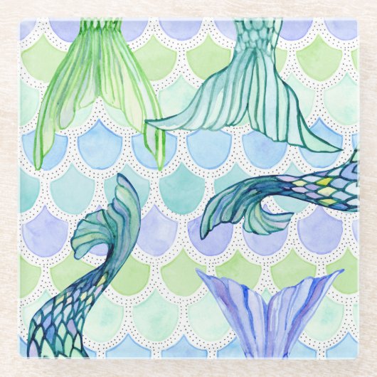 Beach Mermaid Schwanzes Aquarelle Fische Muster Glasuntersetzer (Vorderseite)