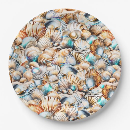 Beach Muscheln irisierende Collage nautischer Chic Pappteller (Vorderseite)