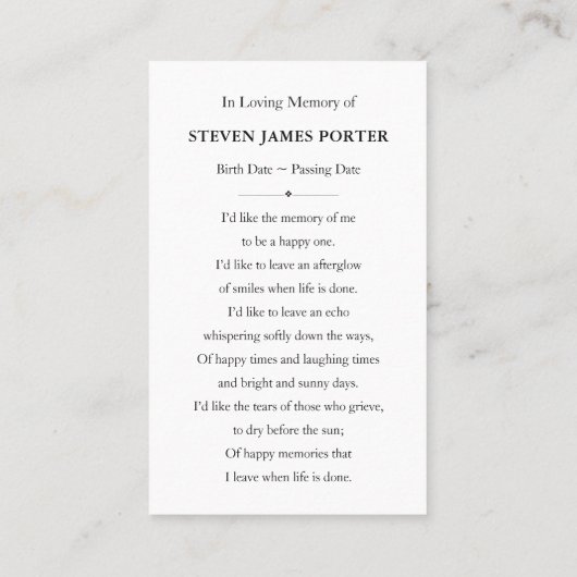 Beach Nature Beileid Beerdigung Gedenkkarte Visitenkarte (Rückseite)