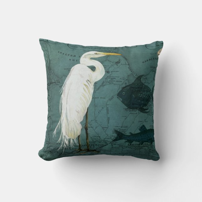Beach Nautic Ocean Map Wasserfarbe Heron Bird Kissen (Vorderseite)