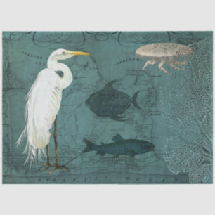 Beach Nautic Ocean Map Wasserfarbe Heron Fisch Art Seidenpapier