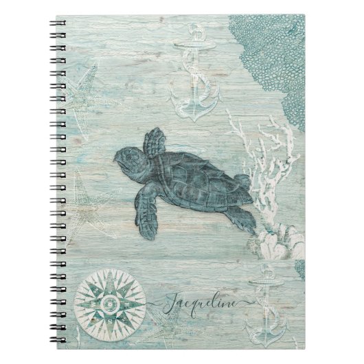 Beach Nautic Sea Turtle Starfish Blue Driftwood Notizblock (Vorderseite)