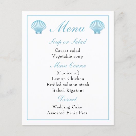 Beach Nautical Blue Seashell Wedding Menu (Vorderseite)