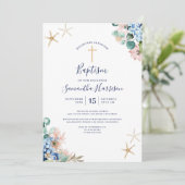 Beach Nautical Floral Baby Girl Taufe Einladung (Stehend Vorderseite)