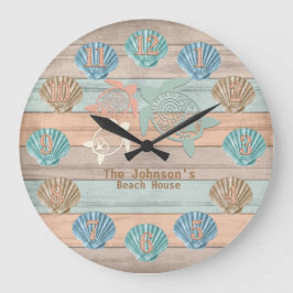 Beach Nautical Wood with Turtles & Shells  Große Wanduhr