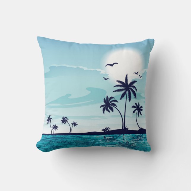 Beach Night mit Moon Birds Palm Tree Ocean Cloud Kissen (Vorderseite)