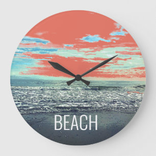 Beach Ocean Artistic Typografy Blue Sunset Orange Große Wanduhr