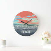 Beach Ocean Artistic Typografy Blue Sunset Orange Große Wanduhr (Zuhause)