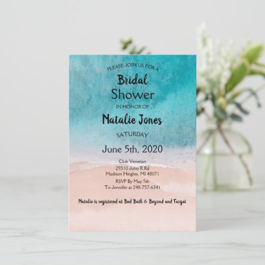 Beach Ocean Blue Seaside Polterabend Einladung (Stehend Vorderseite)