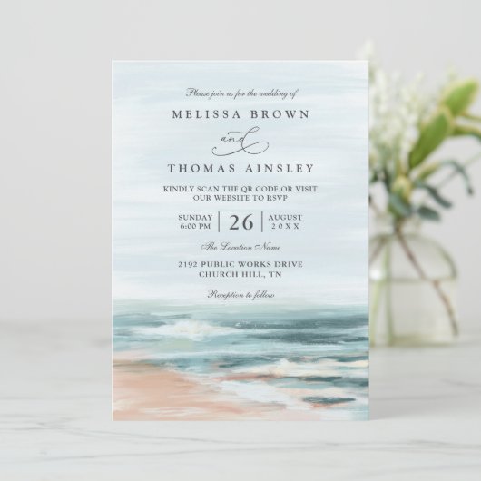 Beach Ocean Destination Elegant QR Code Wedding Einladung (Stehend Vorderseite)