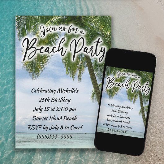 Beach Ocean Palm Trees Tropical Birthday Einladung