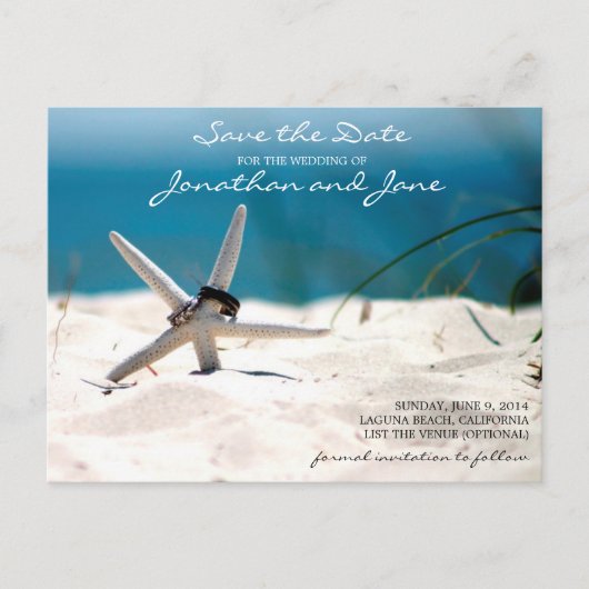Beach Ocean Rings Starfish Hochzeit Save the Date Ankündigungspostkarte (Vorderseite)