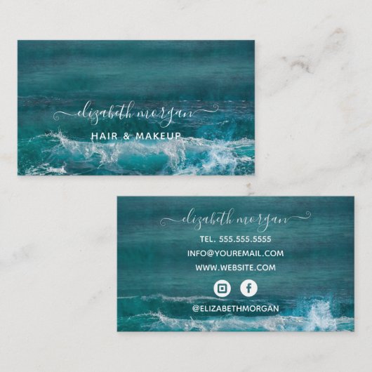 Beach Ocean Script Aqua Green Blue Modern Visitenkarte (Vorne/Hinten)